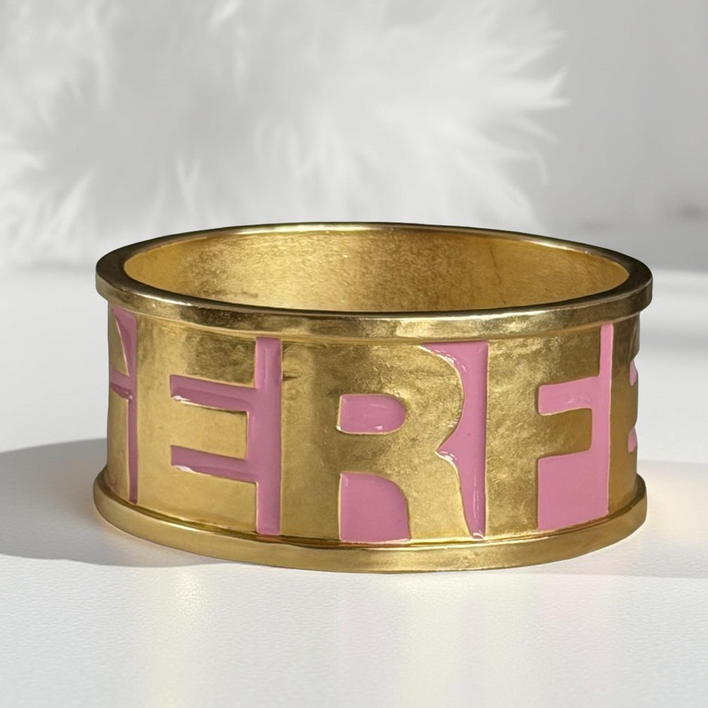 Karl Lagerfeld 80s Vintage Pink Enamel Gold Logo Letters Bangle Bracelet 8” - Picture 3 of 17